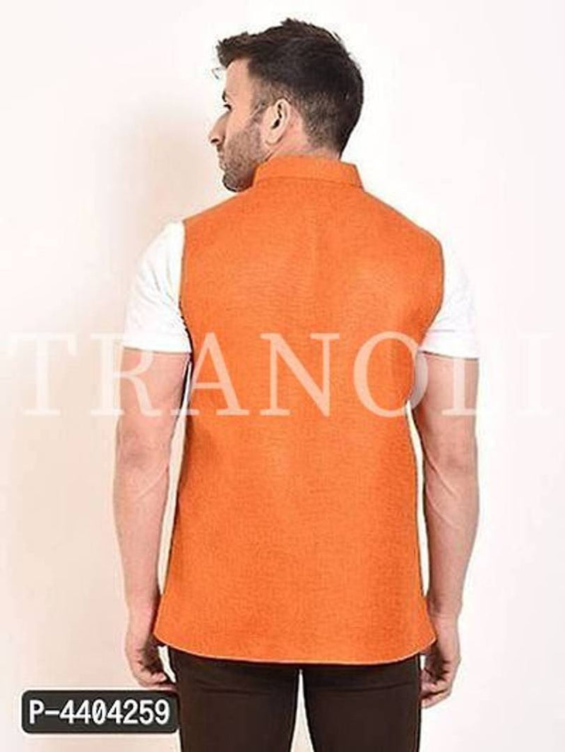 TRANOLI Fashionable Orange Jute Solid Waistcoat For Men