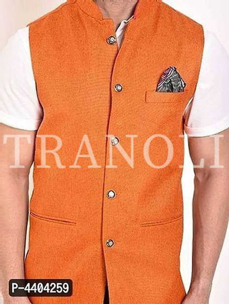 TRANOLI Fashionable Orange Jute Solid Waistcoat For Men