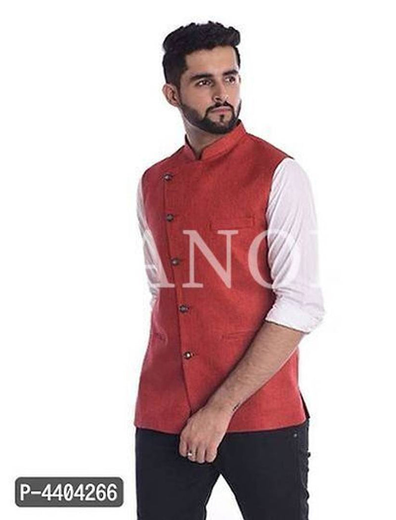 TRANOLI Fashionable Red Jute Solid Anghrakha Style Waistcoat For Men