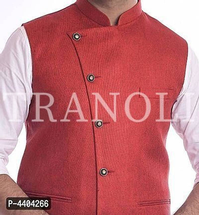 TRANOLI Fashionable Red Jute Solid Anghrakha Style Waistcoat For Men