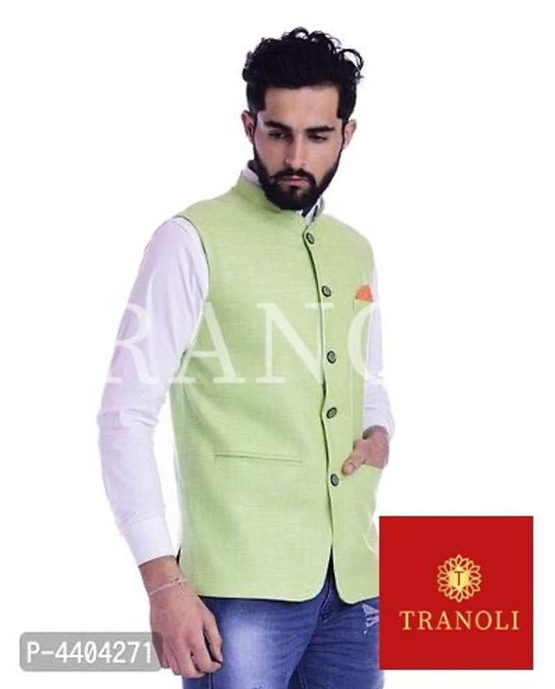 TRANOLI Fashionable Green Khadi Cotton Solid Waistcoat For Men