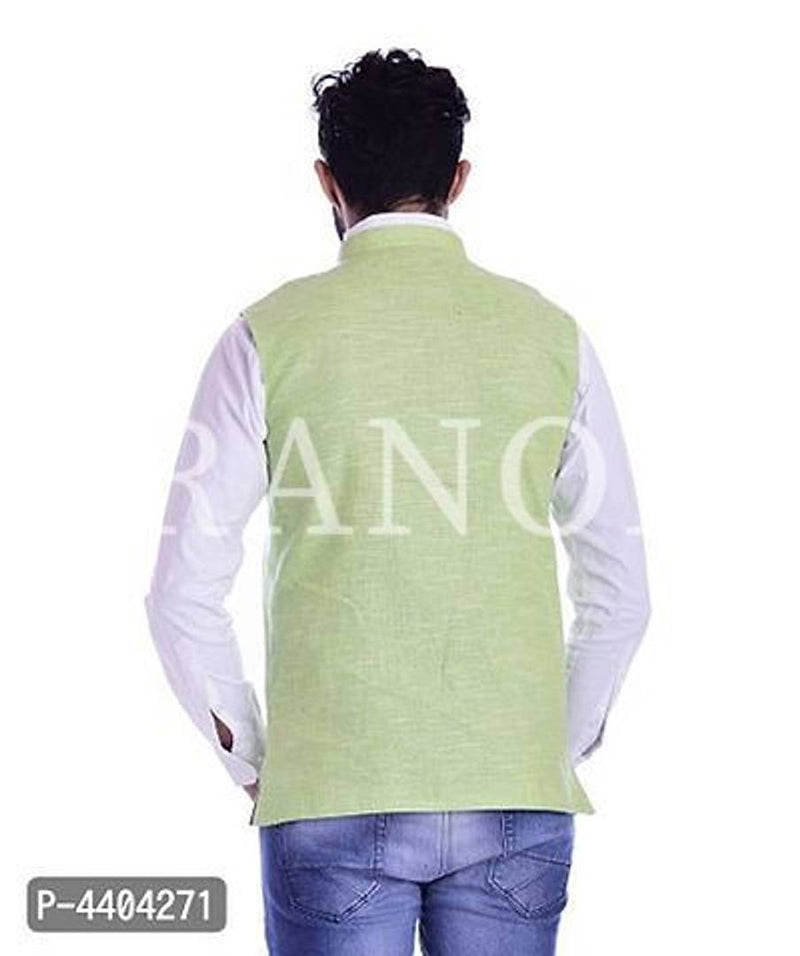 TRANOLI Fashionable Green Khadi Cotton Solid Waistcoat For Men