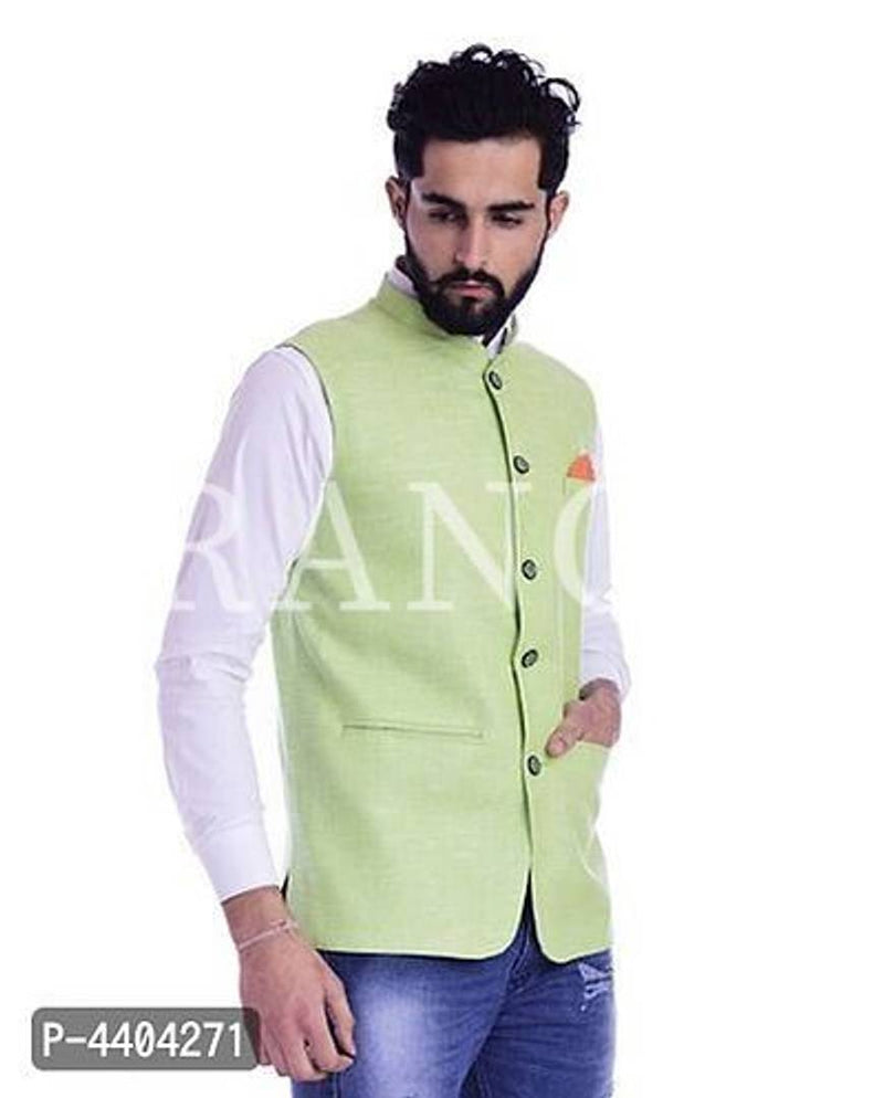 TRANOLI Fashionable Green Khadi Cotton Solid Waistcoat For Men