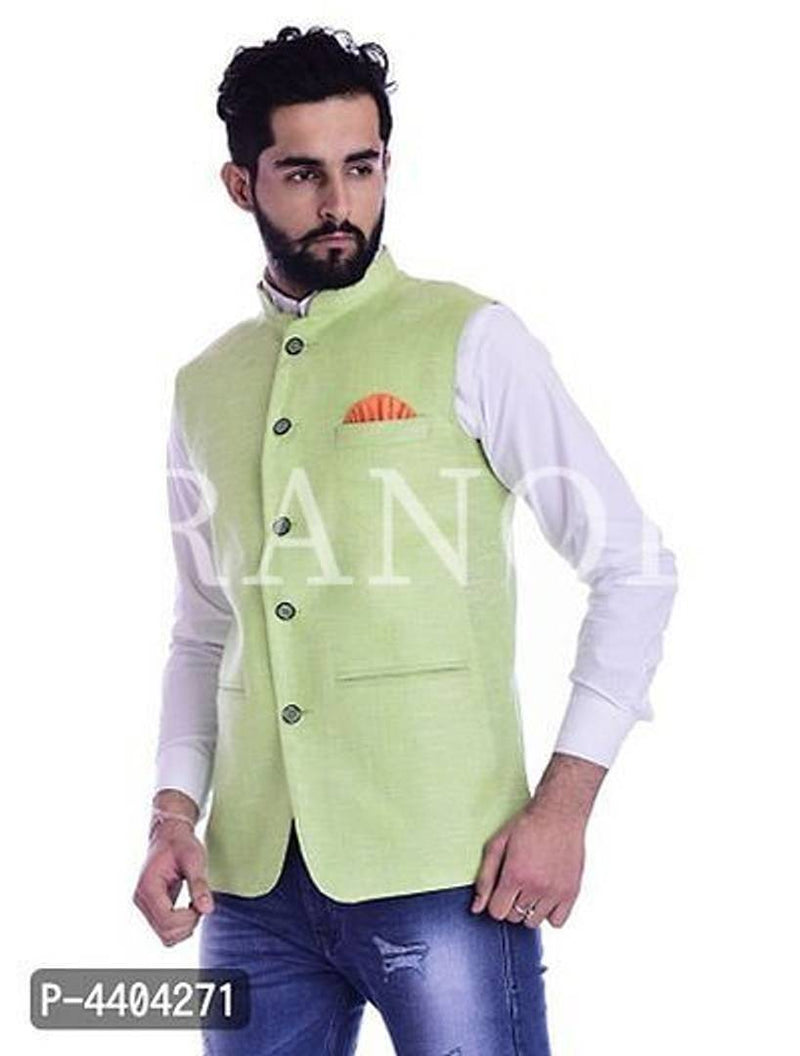 TRANOLI Fashionable Green Khadi Cotton Solid Waistcoat For Men