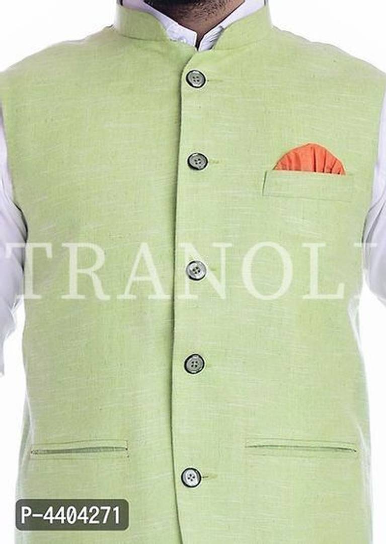 TRANOLI Fashionable Green Khadi Cotton Solid Waistcoat For Men
