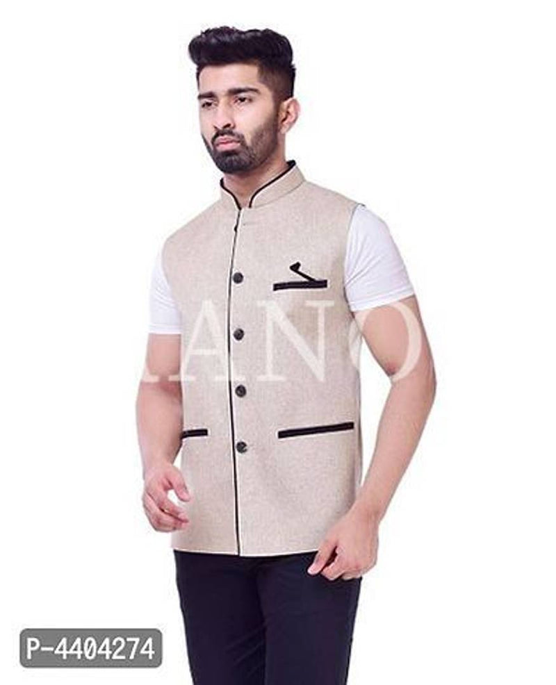 TRANOLI Fashionable Beige Jute Solid Waistcoat For Men