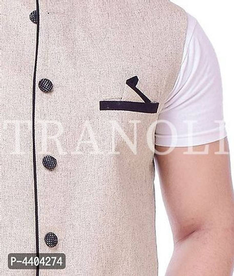 TRANOLI Fashionable Beige Jute Solid Waistcoat For Men