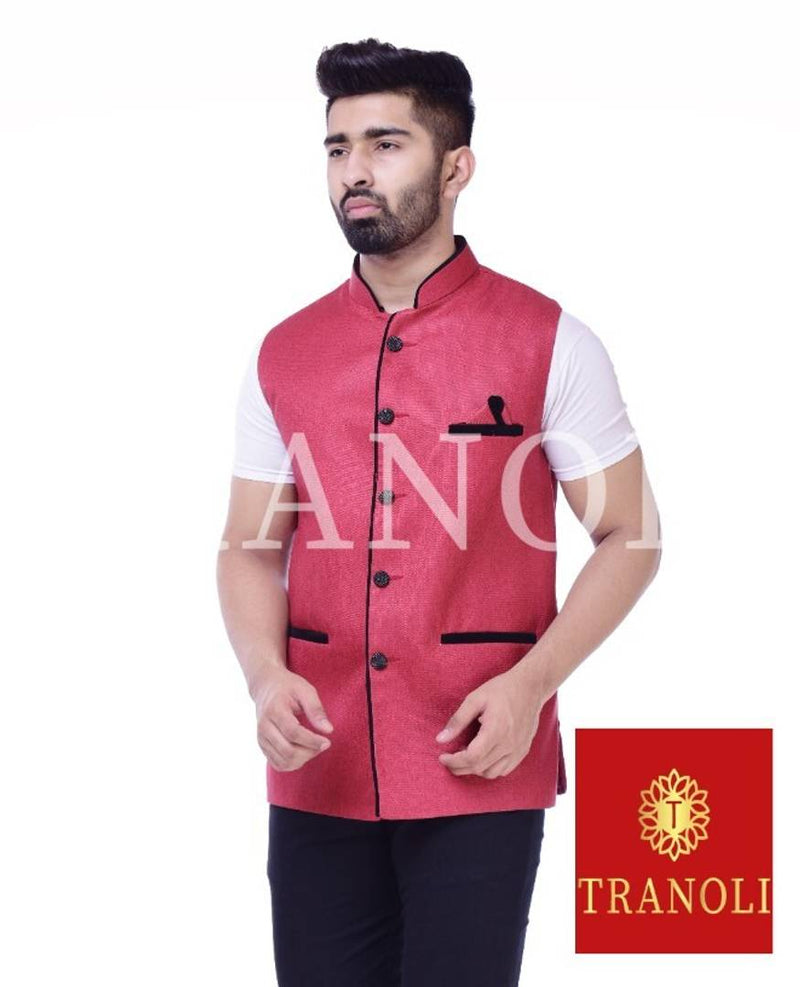 TRANOLI Fashionable Red Jute Solid Waistcoat For Men