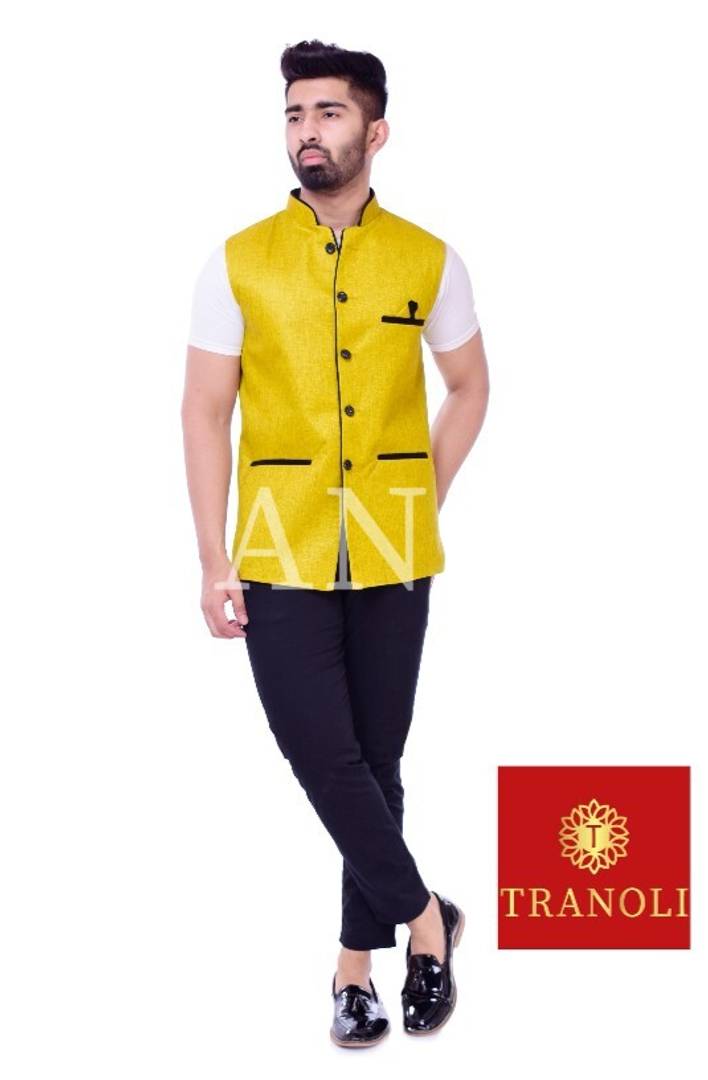 TRANOLI Fashionable Yellow Jute Solid Waistcoat For Men