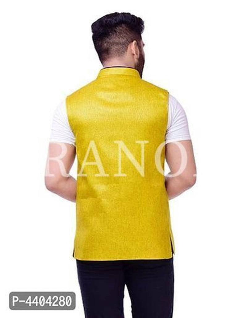 TRANOLI Fashionable Yellow Jute Solid Waistcoat For Men