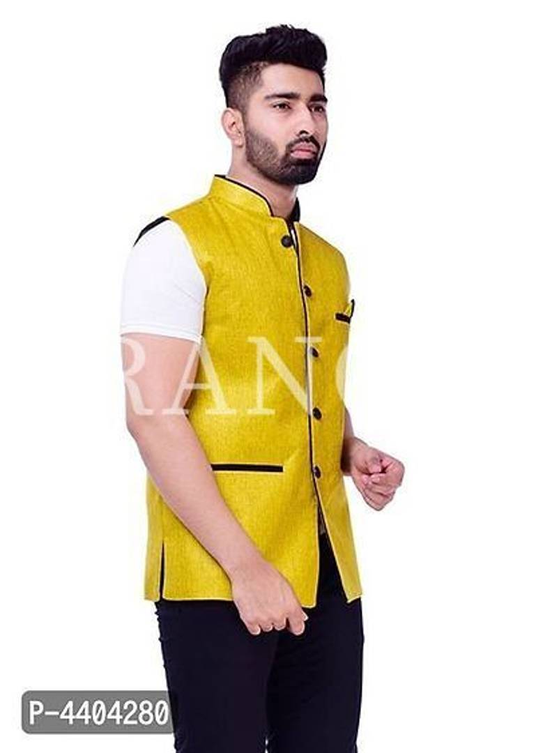 TRANOLI Fashionable Yellow Jute Solid Waistcoat For Men