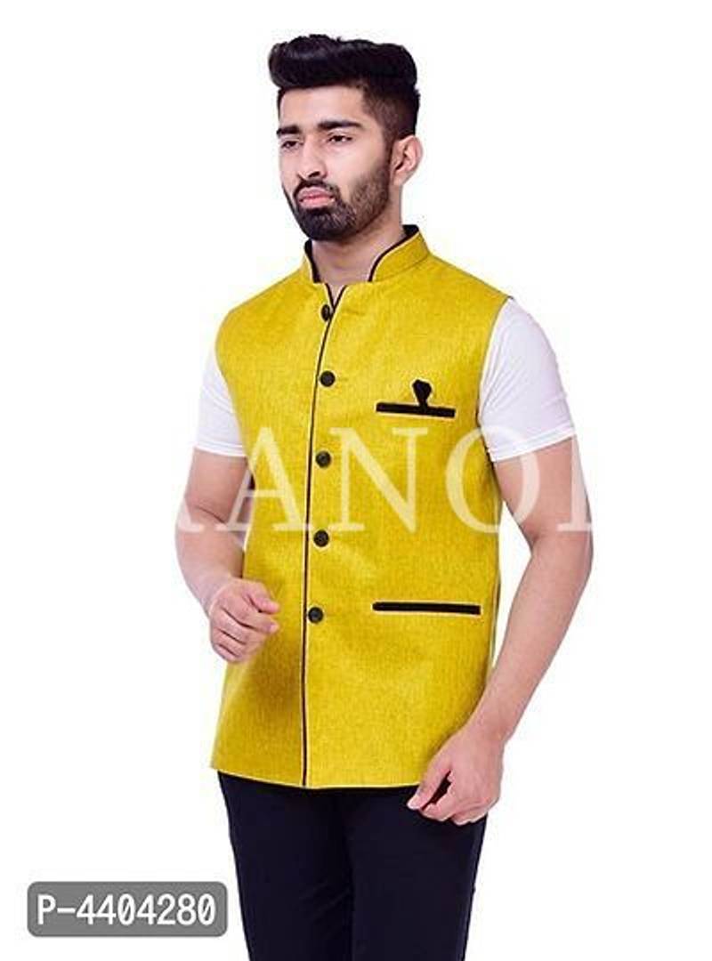 TRANOLI Fashionable Yellow Jute Solid Waistcoat For Men