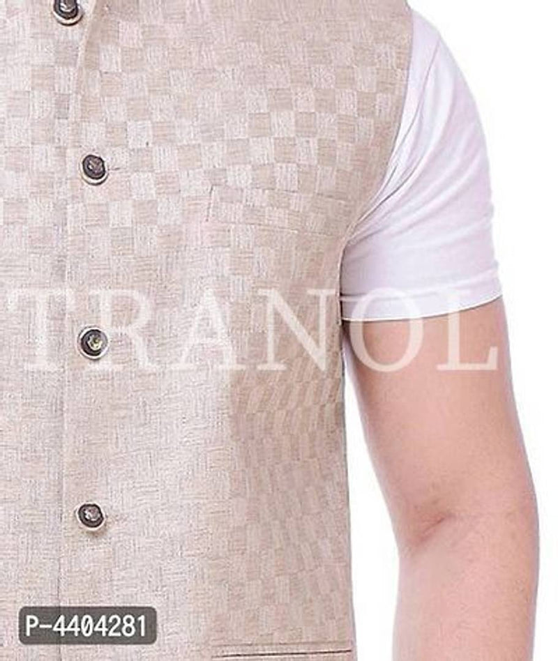 TRANOLI Fashionable Beige Jute Checked Waistcoat For Men