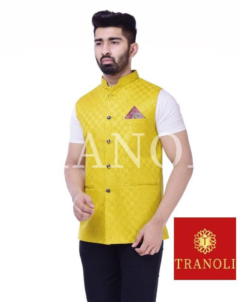 TRANOLI Fashionable Yellow Jute Checked Waistcoat For Men