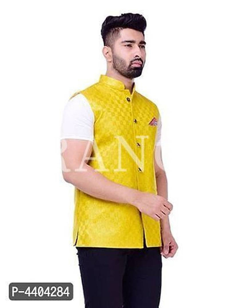 TRANOLI Fashionable Yellow Jute Checked Waistcoat For Men