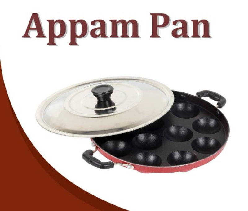 Non-Stick 12 Cavities Appam Patra with Lid,Red (Paniyarrakal/Paniyaram/Appam Pan/Maker/Pan Cake Maker)