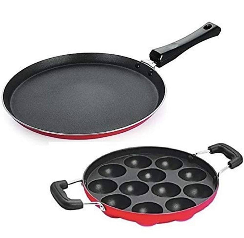 Combo of Non-Stick Appam Patra 23cm and Dosa Tawa 27cm, Paniyarakkal with lid (Aluminum, Non-Stick)