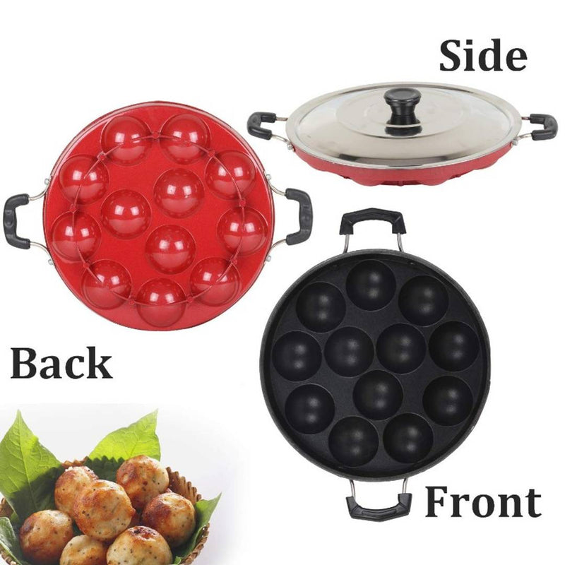 Non-Stick 12 Cavities Appam Patra with Lid,Red (Paniyarrakal/Paniyaram/Appam Pan/Maker/Pan Cake Maker)