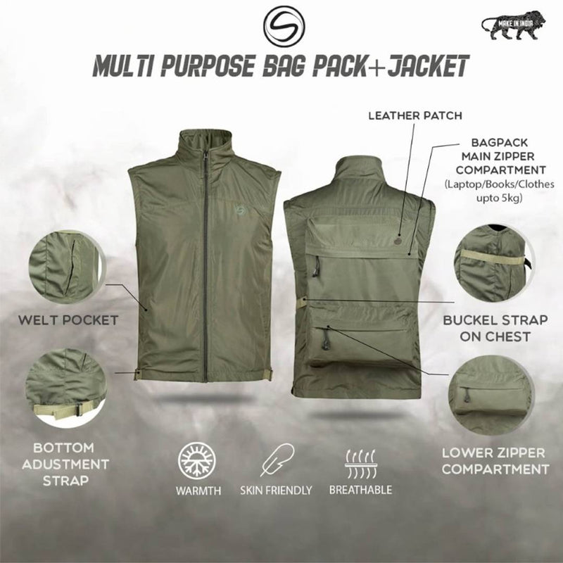 2 in 1 Olive JackPack (Jacket + Backpack) Core Functionality