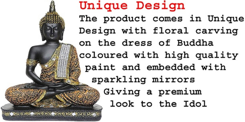 Sitting Buddha Idol Statue Showpiece for Home Decoration and Gifting (Orange and Black)