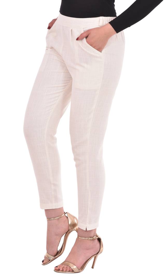 Women's Off White Cotton Slub Regular Fit Trouser