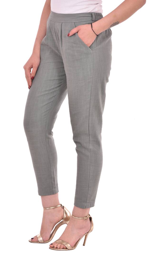 Women's Cotton Slub Solid Grey Trousers