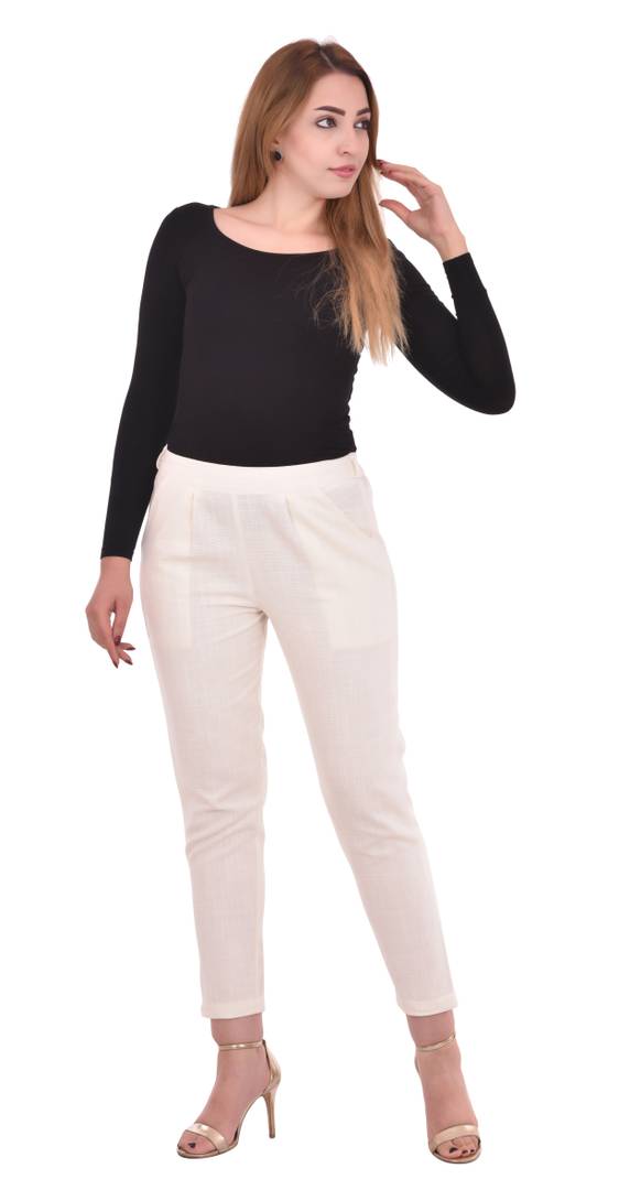 Women's Off White Cotton Slub Regular Fit Trouser
