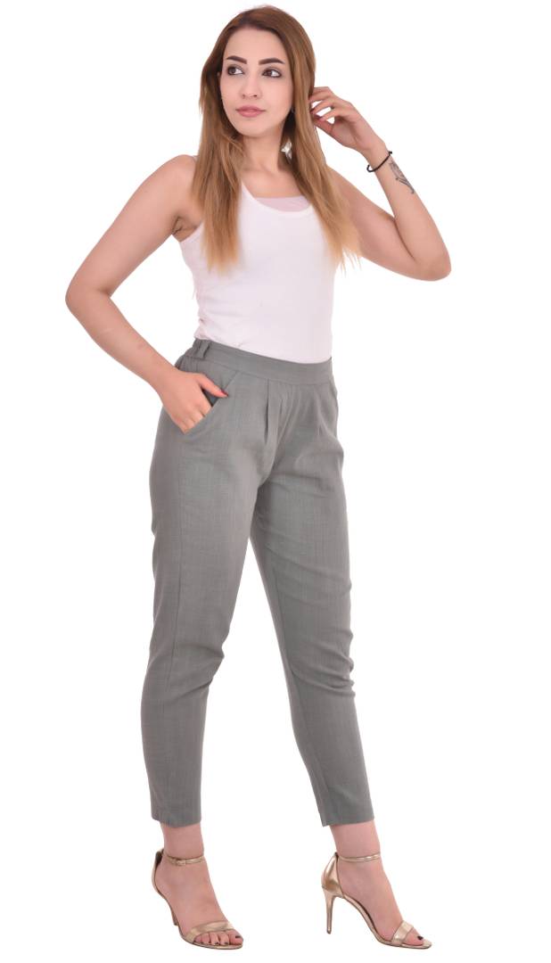 Women's Cotton Slub Solid Grey Trousers