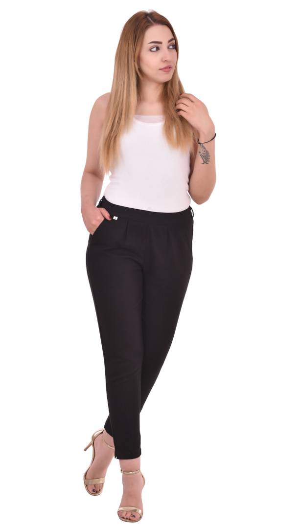 Women's Slub Cotton Black Regular Fit Trousers