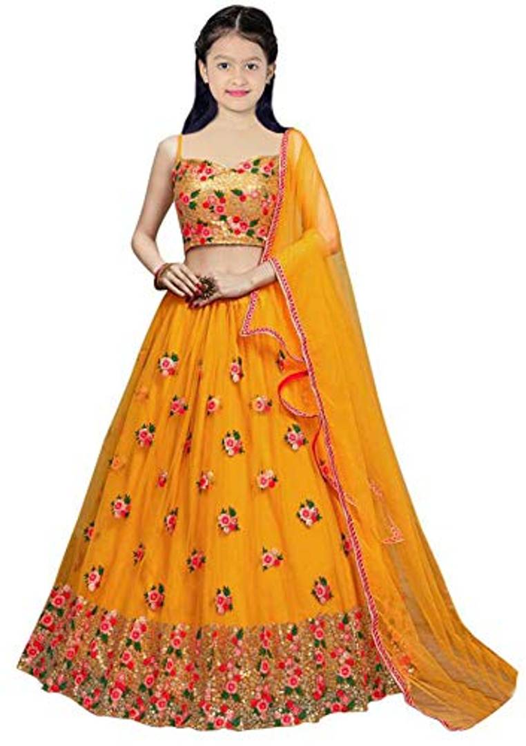 Femisha Creation GirlsTaffeta satin Yellow Wedding Wear Semi Stitched Lehenga Choli_(Suitable To 3-15 Years Girls)_Free Size