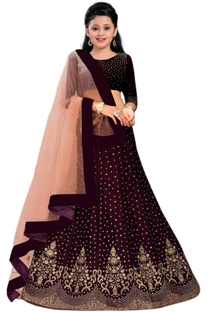 Femisha Creation Girls taffeta Satin Embroidered Wedding Wear Semi Stitched Lehenga Choli_(It's 3-15 Years Girls)