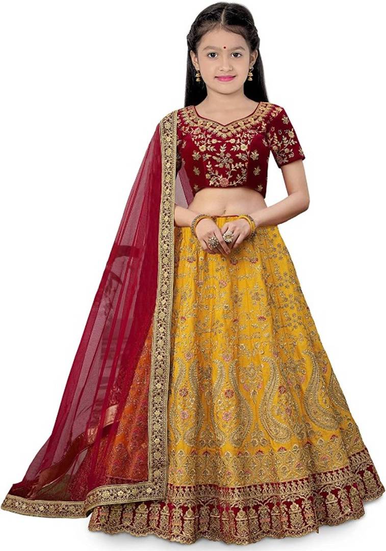 Femisha Creation Girls Yellow Heavy Work Wedding Wear Semi Stitched Lehenga Choli_(Comfortable To 3-15 Years Girls)