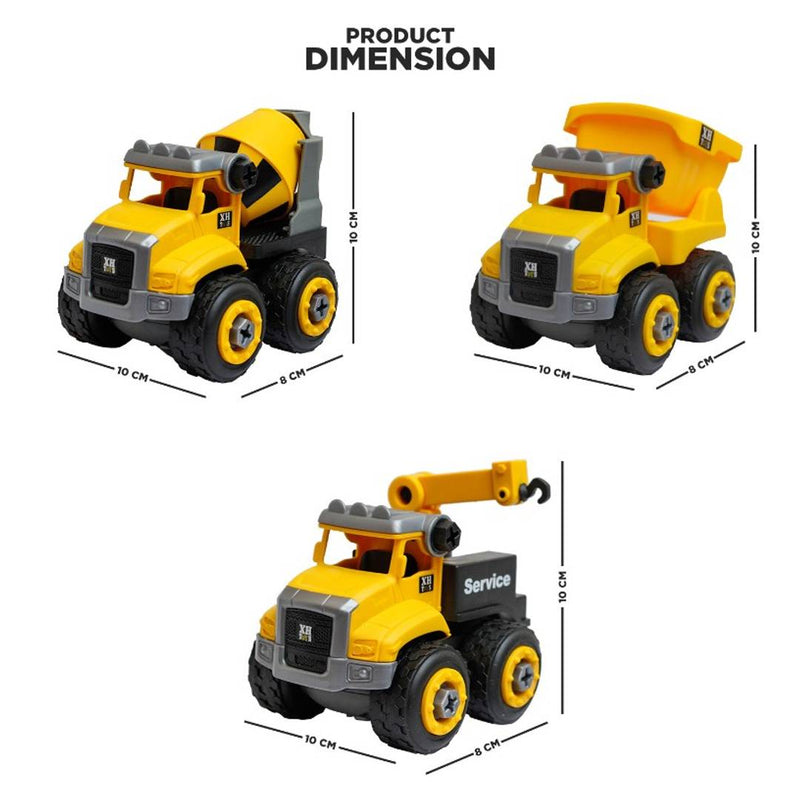 NHR DIY Toy Set of 3 Vehicle Set - Assembly Toy Dumpster, Crane, Mixer Truck Unbreakable Toy Construction Biulding Toy Car DIY Assembly Car with Screwdriver, Toy Car for Kids- Age 3+ Years