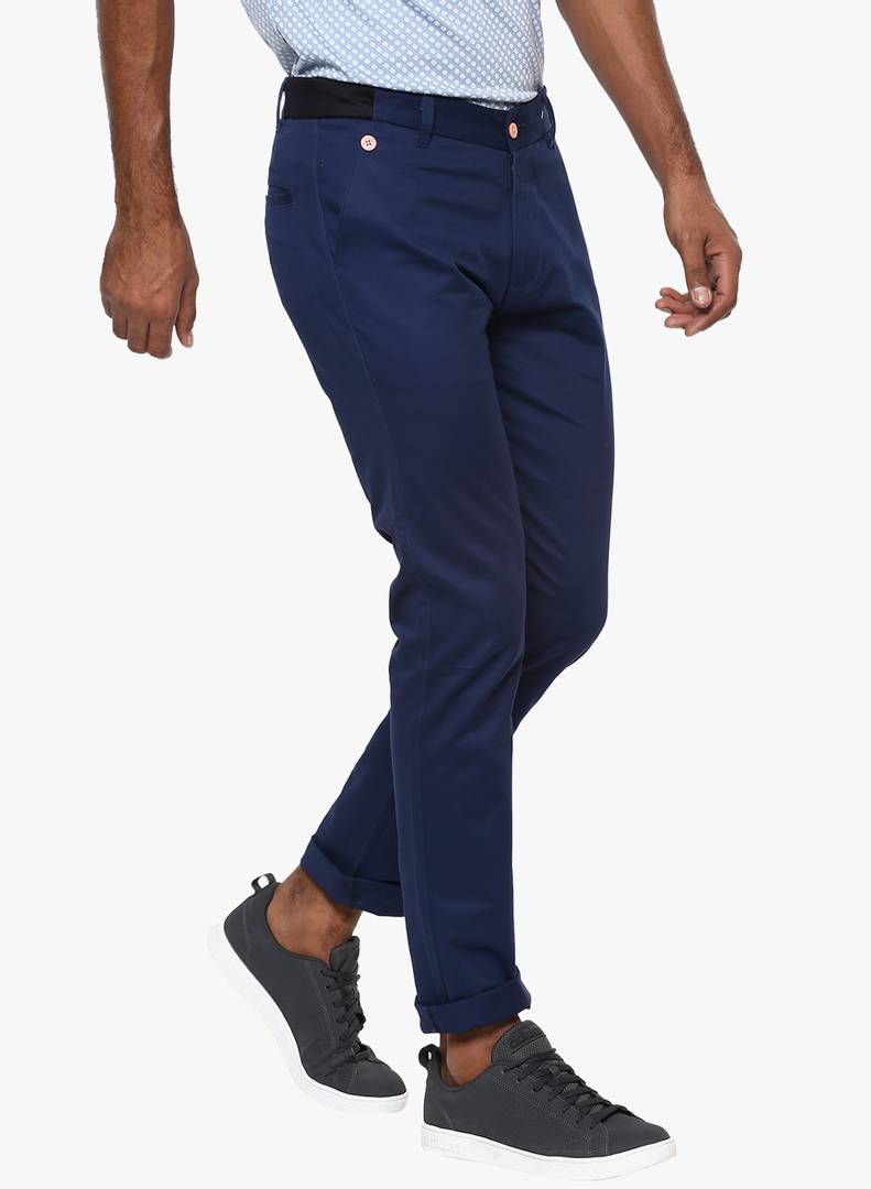 Stylish Cotton Navy Blue Solid Smart Fit Chinos For Men