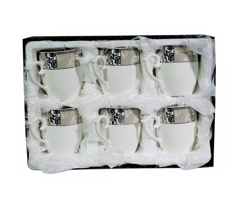 Fine Bone China White Pattern Mug Set, Tea Coffee Mug Set, 220 ml, 6-Pieces