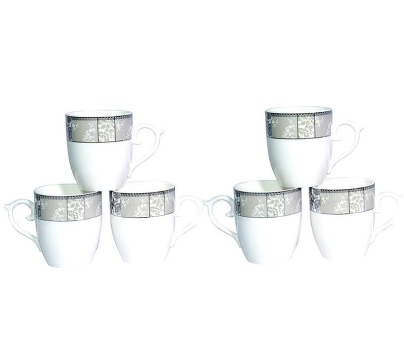 Fine Bone China White Pattern Mug Set, Tea Coffee Mug Set, 220 ml, 6-Pieces