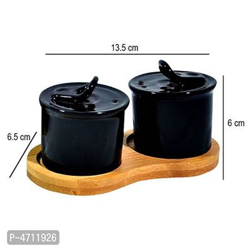 Small Jar Shape Salt & Pepper Container, Tissue Pepper Holder with Wooden Stand (Black)