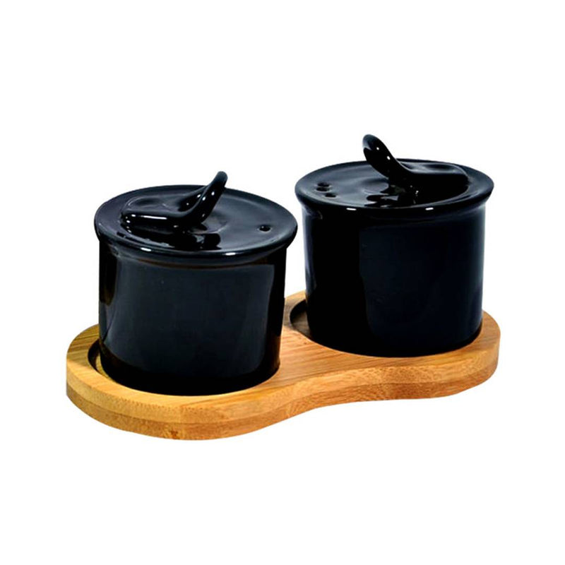 Small Jar Shape Salt & Pepper Container, Tissue Pepper Holder with Wooden Stand (Black)