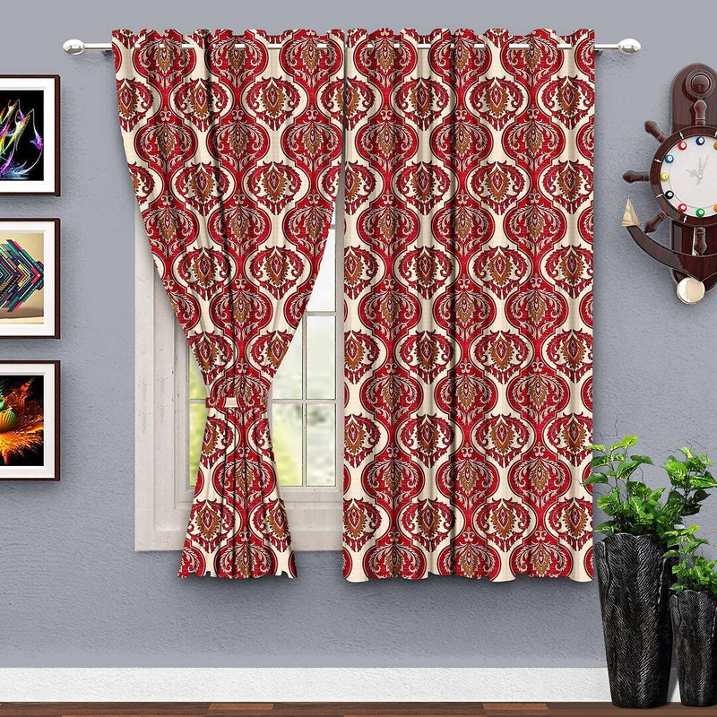 Premium Polyester Red Printed Window Curtains (Pack Of 2)