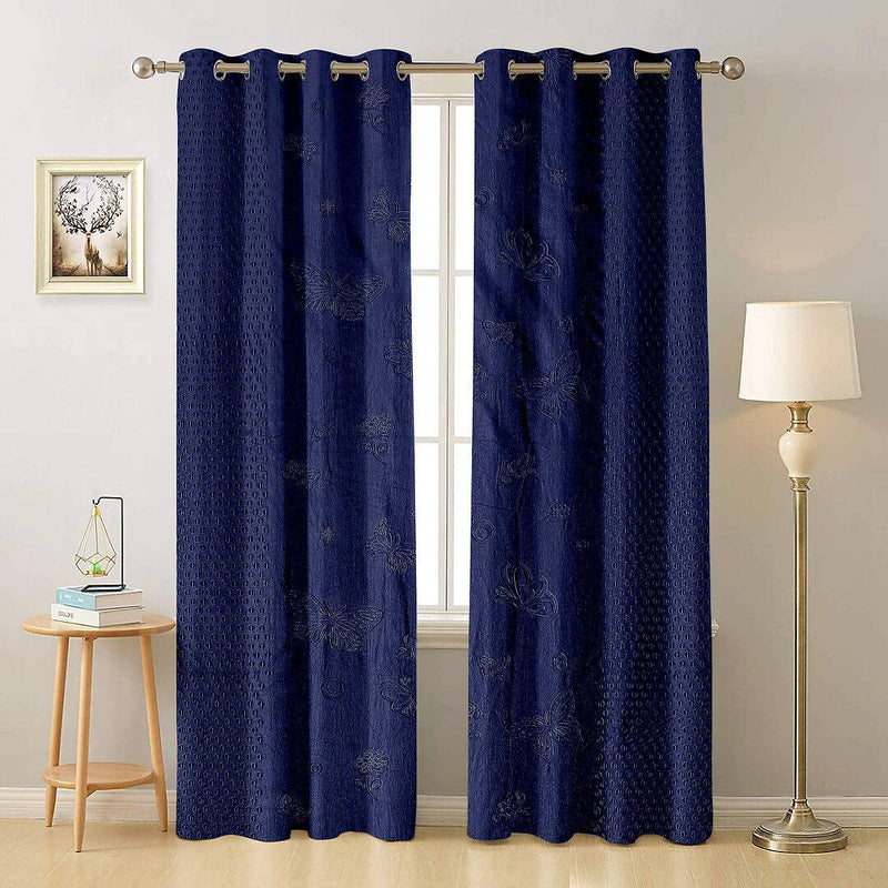 Premium Polyester Navy Blue Printed Window Curtains (Pack Of 2)