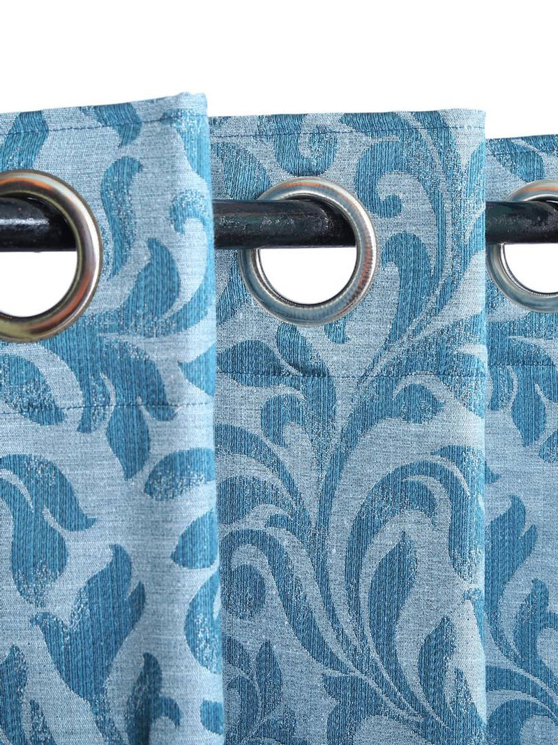 Blue Cotton Blend Eyelet Fitting Printed Door Curtains