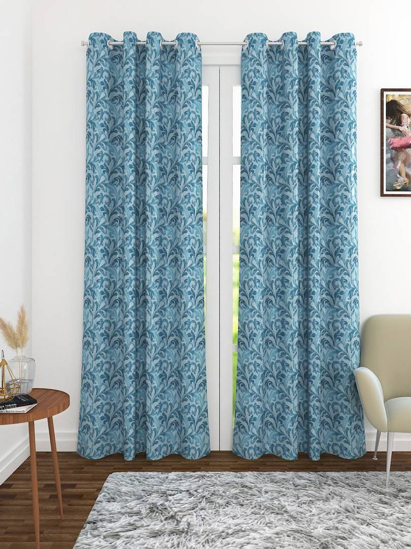 Blue Cotton Blend Eyelet Fitting Printed Door Curtains