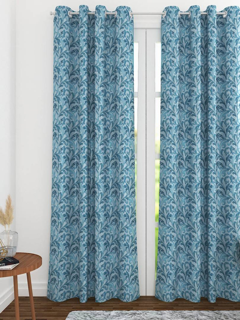 Blue Cotton Blend Eyelet Fitting Printed Door Curtains