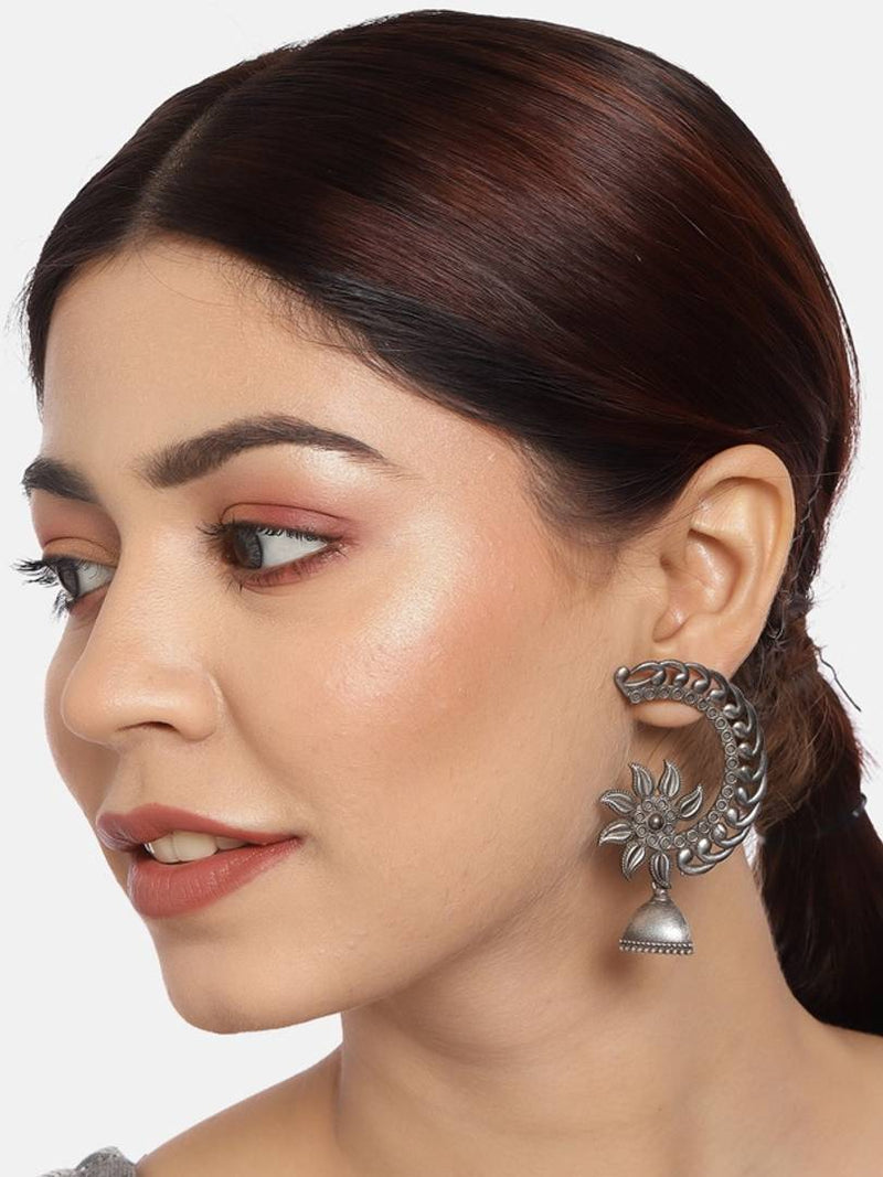 Oxidized Silver-Plated Crescent Shaped Jhumkas