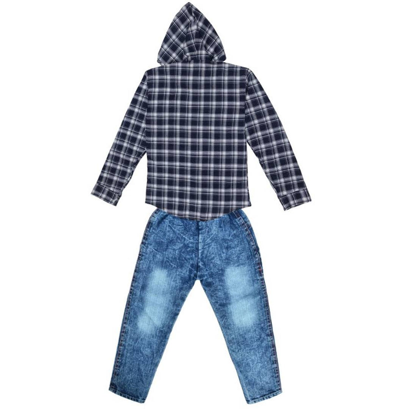 Elegant Blue Cotton Checked Hoodie Shirt with Denim Jeans For Girls