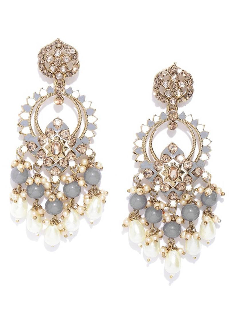 Grey & Off-White Gold-Plated Stone Studded Beaded Classic Drop Earrings