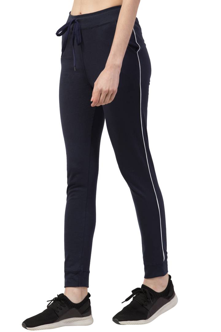 Comfy Navy Blue Cotton Solid Active Wear Trackpant For Women