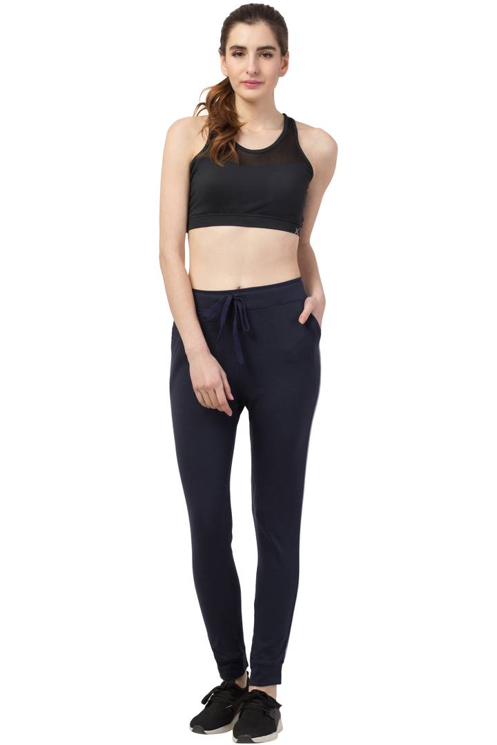 Comfy Navy Blue Cotton Solid Active Wear Trackpant For Women