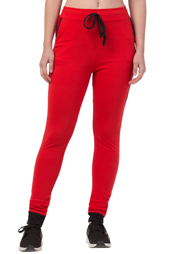 Comfy Red Cotton Solid Active Wear Trackpant For Women