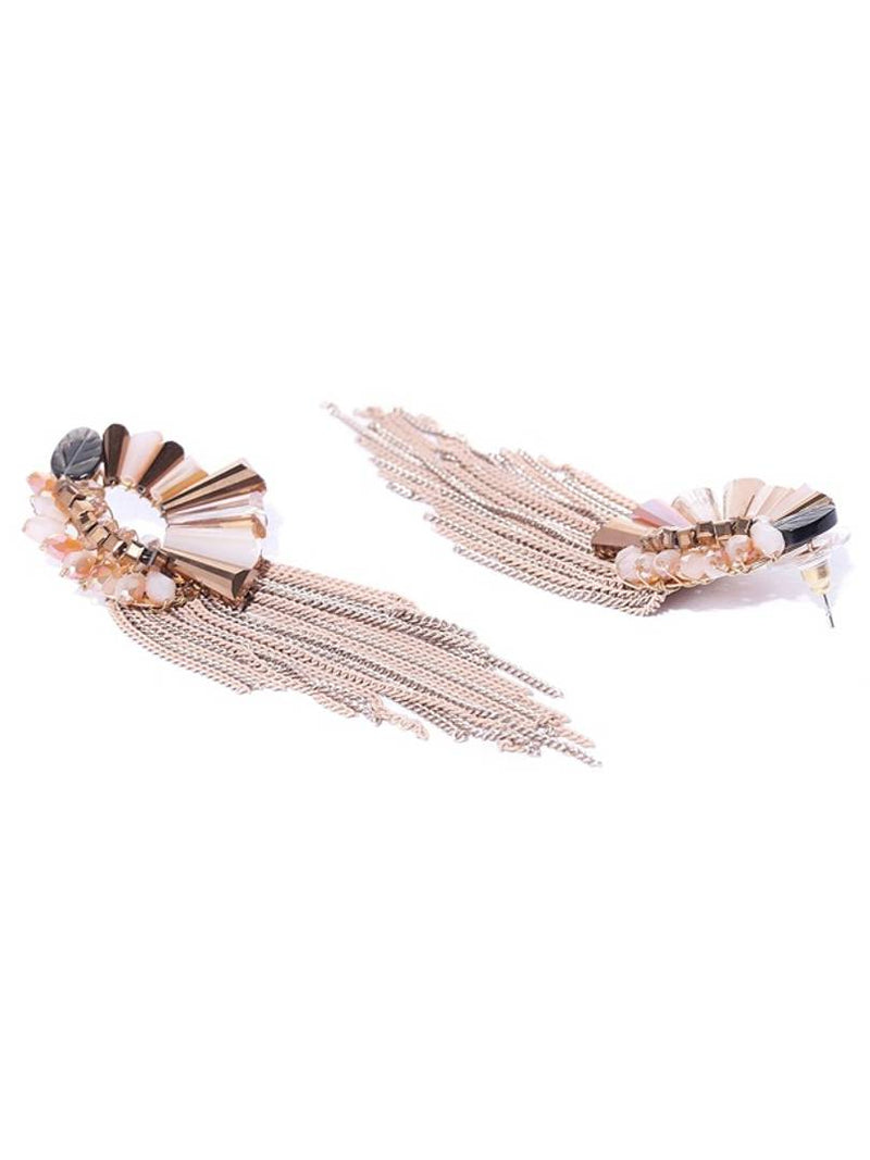 Beige Rose Gold-Plated Handcrafted Tasselled Contemporary Drop Earrings